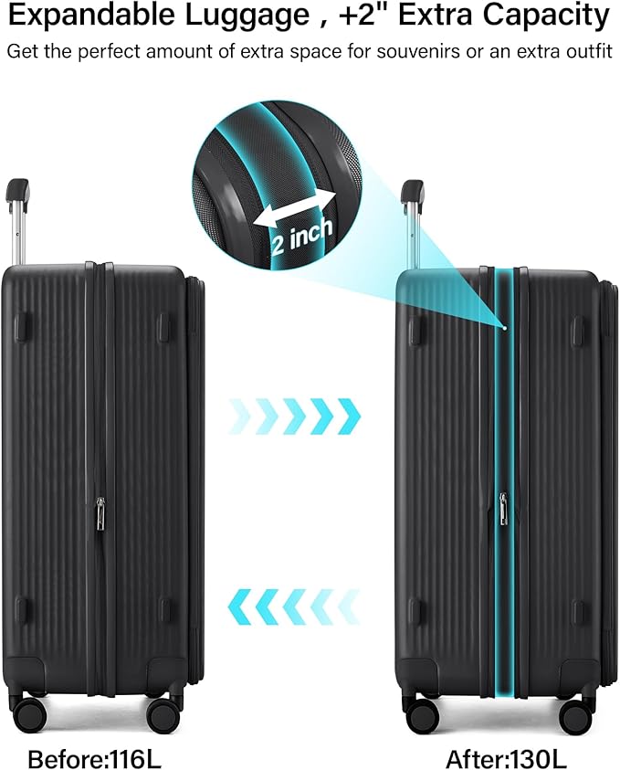 Hanke Expandable 28 Inch Luggage with Spinner Wheels Top Opening Travel Luggage Hard Shell Rolling Suitcases Large Lightweight Checked Luggage with Cup Holder(Jet Black)