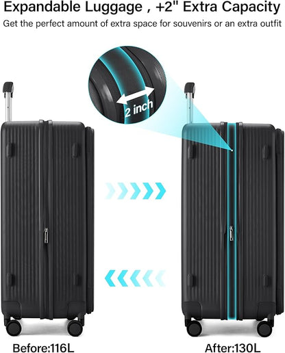 Hanke Expandable 28 Inch Luggage with Spinner Wheels Top Opening Travel Luggage Hard Shell Rolling Suitcases Large Lightweight Checked Luggage with Cup Holder(Jet Black)