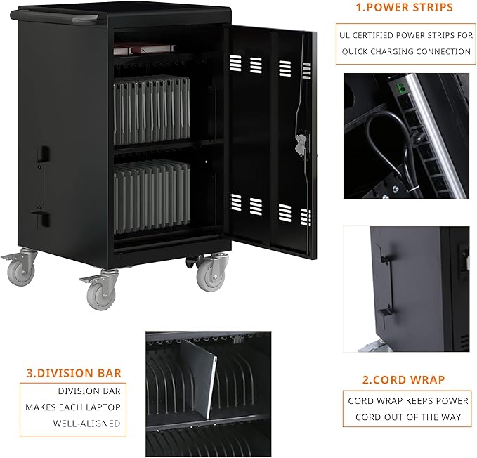 32 Device Mobile Charging Cart with Combination Lock, Mobile Ipad Cart for iPads, Chromebooks and Laptop Computers, Locking Charging Station with Lock & Key for The Front Back Door, Surge Protection