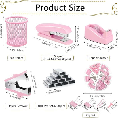 Office Supplies,Desk Accessories, Stapler and Tape Dispenser Set for Women with Stapler, Tape Dispenser, Staple Remover, Staples, Clips, Scissor and Tabs,Gift for Students, Coworkers