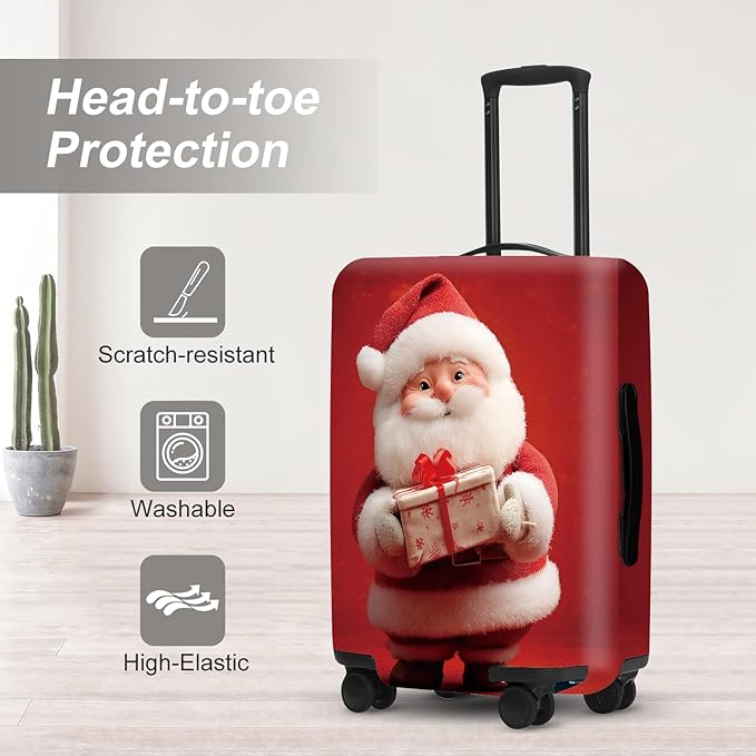 Doll Style Christmas Luggage Cover - 3D Santa Holding Present on Red Background, Unique Suitcase Protector for 28 30 Inch Bag