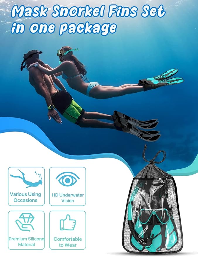 Zenoplige Mask Fins Snorkel Set, Snorkeling Gear for Adults, Panoramic View Snorkel Mask Anti-Fog, Adjustable Dive Flippers, Dry Top Snorkel and Travel Bag, Scuba Gear for Swimming Snorkeling Diving