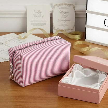 48 PACK Stripe Makeup Bags Bulk-Seersucker Bridesmaid Proposal Gifts Makeup Pouch for Wedding Party Favors Bachelorette Party Decorations Toiletry Organizer Bag Cosmetic Case Gift (Pink Stripe)
