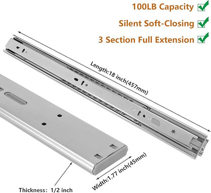 LONTAN 10 Pairs Soft Close Drawer Slides 18 inch SL4502S3-18 Ball Bearing Full Extension Dresser Drawer Glides Side Mount Heavy Duty Kitchen Cabinet Rails 100lb Capacity