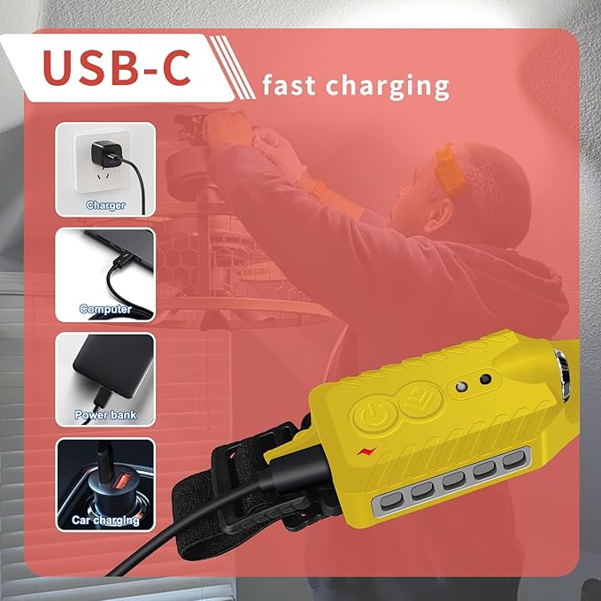 Rechargeable LED Headlamp, 400 Lumens, 230° Wide Beam, USB-C, IPX4, 5 Modes — Lightweight, Adjustable Headband; Hard Hat Clips for Camping, Hiking, Running, Repairs & Gift (1, Yellow)