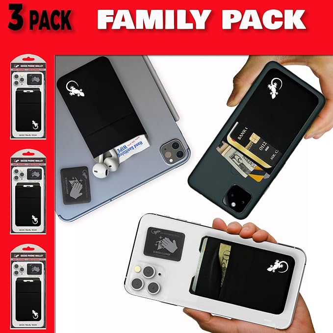 Gecko Travel Tech Double Pocket - Adhesive Card Holder - Cell Phone Pouch - Stick on Spandex Pocket - Carry Credit Cards and Cash (3 PACK - BLACK WHITE)