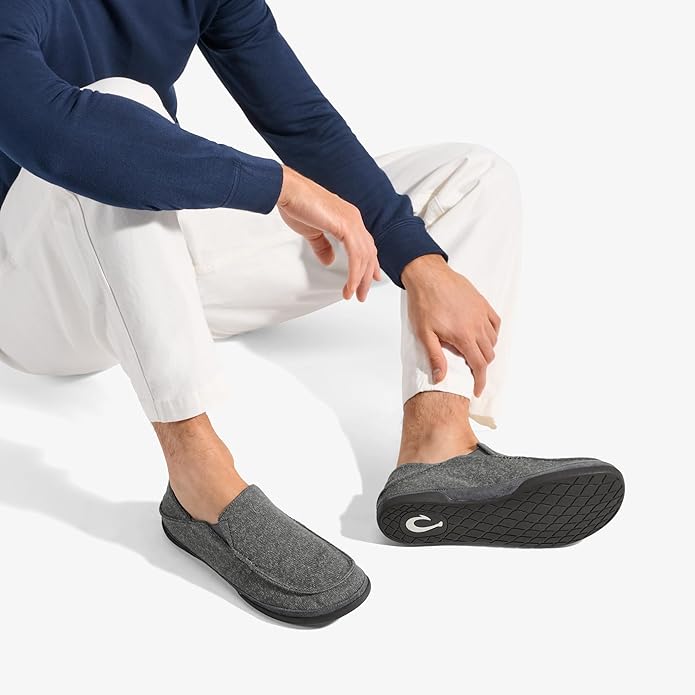 OLUKAI Moloa Hulu Men's Wool-Blend Slippers, Soft & Heathered Knit Slip On Shoes, Suede Leather Foxing, Drop-In Heel Design
