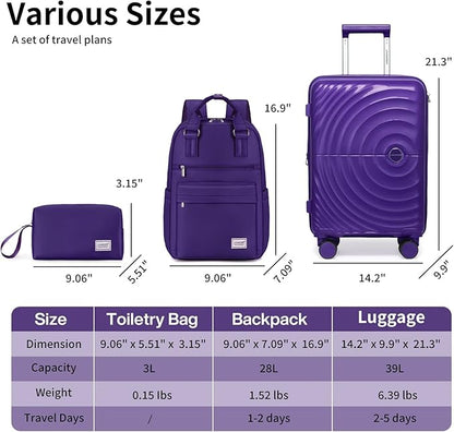 LARVENDER Carry On Luggage Set 22x14x9 Airline Approved, Expandable 20 Inch Carry-On Suitcases With Wheels, Lightweight Luggage Sets 3 Pieces With Backpack, Grape Purple