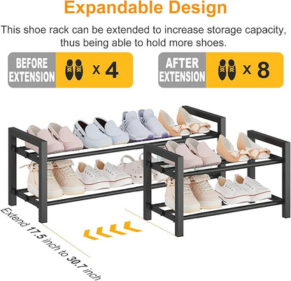 2-Tier Expandable Shoe Rack (17.5"-30.7") – Adjustable Heavy-Duty Metal Shoe Organizer Shelf for Closet, Entryway, Mudroom & Garage – Durable Freestanding Storage, Black