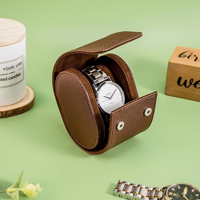 SANQIANWAN Single Travel Storage Watch Roll Portable PU Leather Watch Case Box for Men with Button Style Removable Watch Pillow Watch Display Roll (Brown)