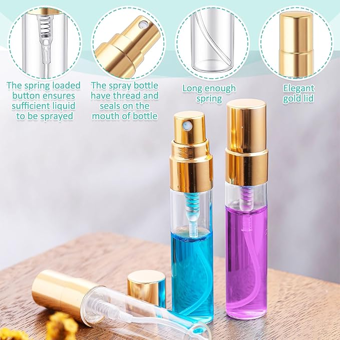 Zhehao 75 Pcs Mini Spray Bottles 5 ml Clear Glass Perfume Bottles Refillable Fine Mist Perfume Atomizer Portable Empty Sample Containers for Cleaning, Essential Oils, Travel (Gold Cap)