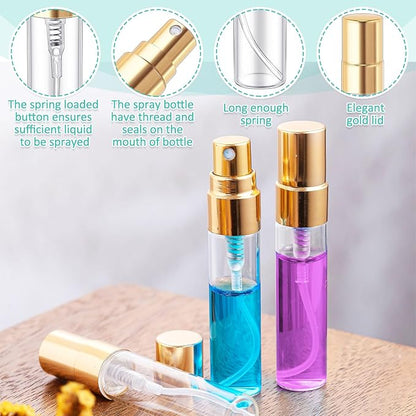 Zhehao 75 Pcs Mini Spray Bottles 5 ml Clear Glass Perfume Bottles Refillable Fine Mist Perfume Atomizer Portable Empty Sample Containers for Cleaning, Essential Oils, Travel (Gold Cap)