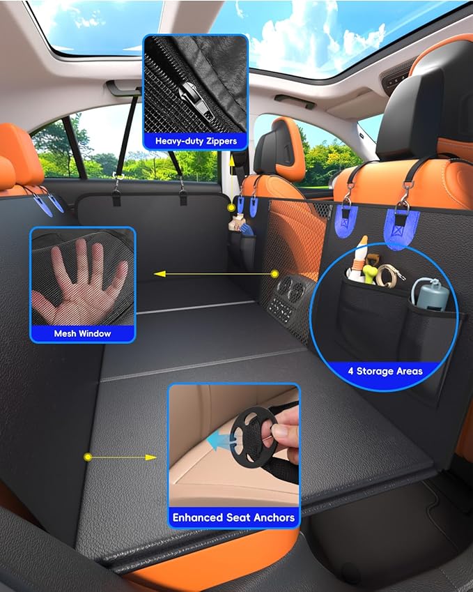Dog Car Seat Cover for Back Seat, Superior Hard Bottom Back Seat Extender for Dogs, 100% Waterproof & Anti Scratch, Hold 500lbs Dog Hammock for Car SUV Trunk, Back Seat Pet Cover for Dogs, Blue