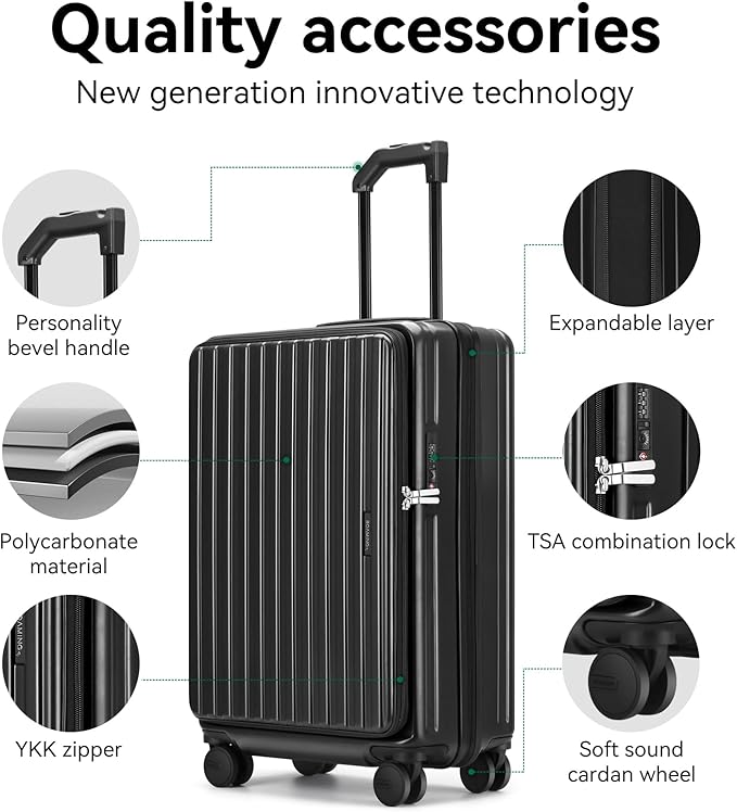 ROAMING 20 Inch Carry On Luggage Hard Shell Suitcases with Wheels Cup Holder Tsa Approved Luggage Suitcase Travel Luggage for Women Men Rolling Luggage Bags for Business Trip Weekender-Black