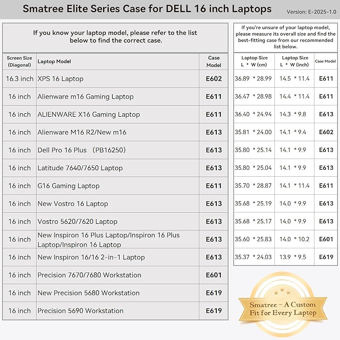 Smatree Laptop Sleeve for 16 inch DELL 16 Plus, for 16 inch DELL Pro 16 PC16250/16 Plus PB16250/Max 16 MC16250/MC16255, for 16inch m16 R2, for 16inch Inspiron 16 2-in-1/16 Plus/16 Case(E613)