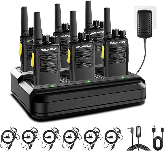 BAOFENG BD-V12B Radio 6 Pack Long Range Walkie Talkies for Adults, Portable FRS Two-Way Radios Rechargeable, with 6 Way Gang Charger,Earpiece,Typc-C Charging for School,Restaurant,Xmas Birthday Gifts