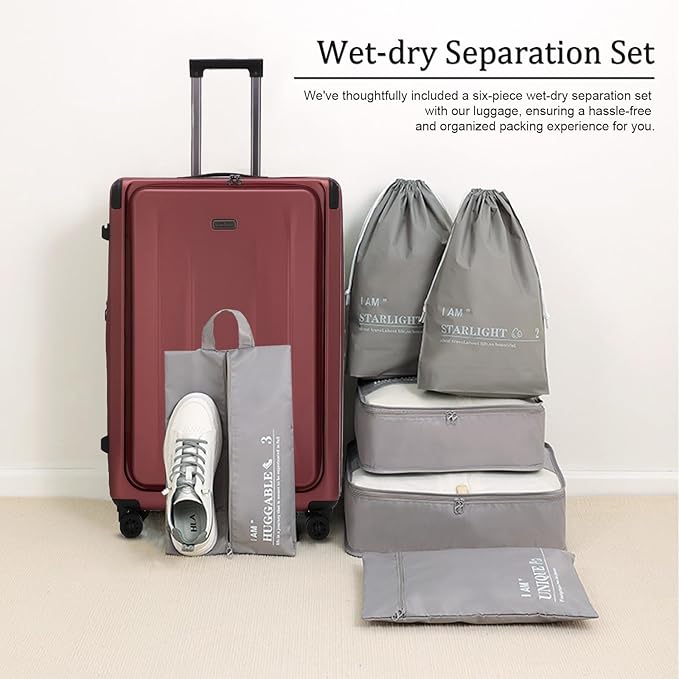 Premium Carry On Luggage, 20Inch+29 Inch Top Opening Airline Approved ABS+PC Hard Shell Suitcases with Silent Wheels, TSA Lock,Front Pocket and Wet-dry Separated Six-piece Set