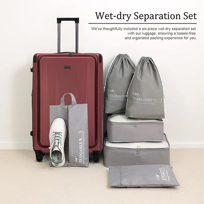 Premium Carry On Luggage, 29 Inch Top Opening Aluminum Frame Airline Approved ABS+PC Hard Shell Suitcases with Silent Wheels, TSA Lock, Front Pocket & Wet-dry Separated Six-piece set