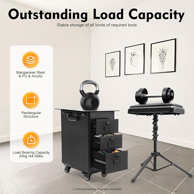 Rolling Makeup Train Case with Tattoo Armrest Stand, Tattoo Travel Case with 3 Drawers & Wheels, Portable Tattoo Station with Acrylic Panel for Makeup Artists, Estheticians & Crafters