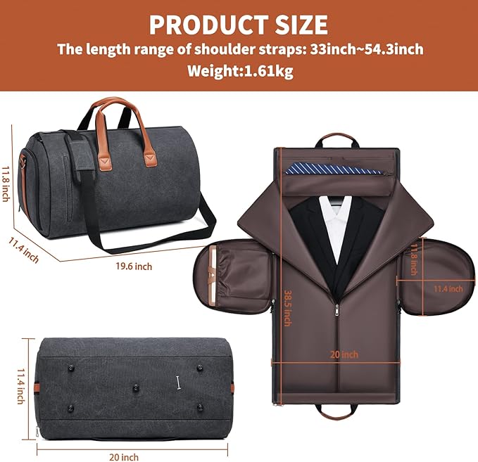 Convertible Garment Duffel Bag, Carry on Garment Bag for Travel Canvas Mens Suit Bag 2 in 1 Foldable Garment Bag with Shoulder Strap Weekender Bag with Shoe Pouch