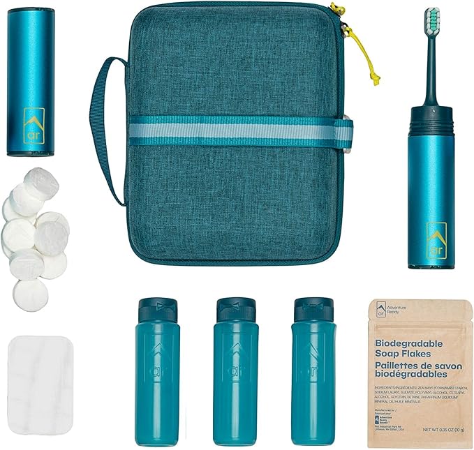 Adventure Ready Adventure Hanging Toiletry Kit - Camping Toiletry Bag with Soap Flakes, Compressed Towelettes, Toothbrush, Mirror & More