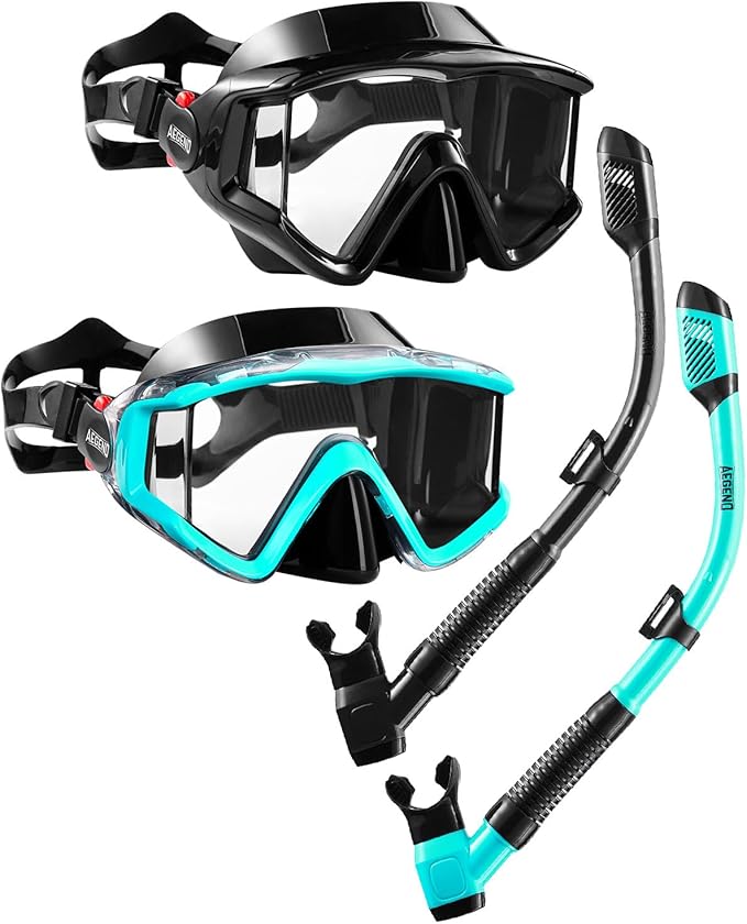 Aegend Snorkeling Gear for Adults Youth Kids, Dry Snorkel Set Panoramic View Enhanced Anti-Leak and Anti-Fog Technology, Adjustable Strap for Snorkeling Scuba Diving Swimming with Mesh Bag