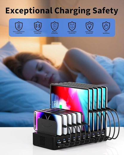 270W Charging Station for Multiple Devices, 20-Port USB Fast Charging Station with Adjustable Dividers & 10 Cables, Multi Device Organizer Charging Dock for iPhone, iPad, Tablets & More
