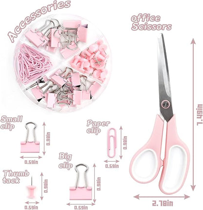 Pink Office Supplies, UPIHO Pink Desk Accessories, Stapler and Tape Dispenser Set for Women with Stapler, Tape Dispenser, Staple Remover, Staples, Clips, Scissor and Tabs,Gift for Students, Coworkers