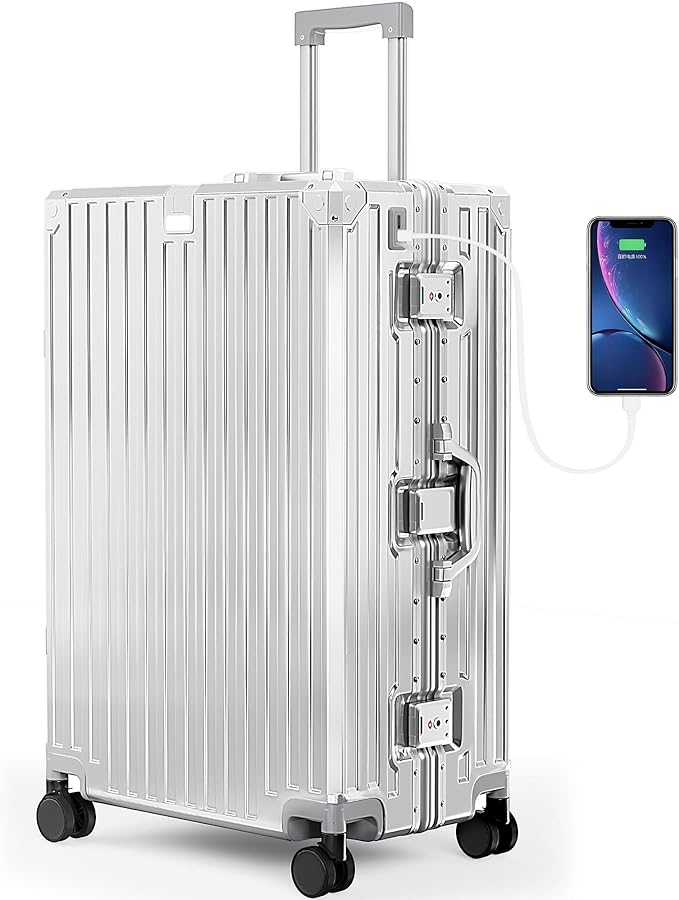 28-Inch Checked Large Luggage with Thickened Aluminum Frame, Durable PC Hardside Zipperless Suitcase with Spinner Wheels,TSA Lock,USB Charging Port,Light Gray