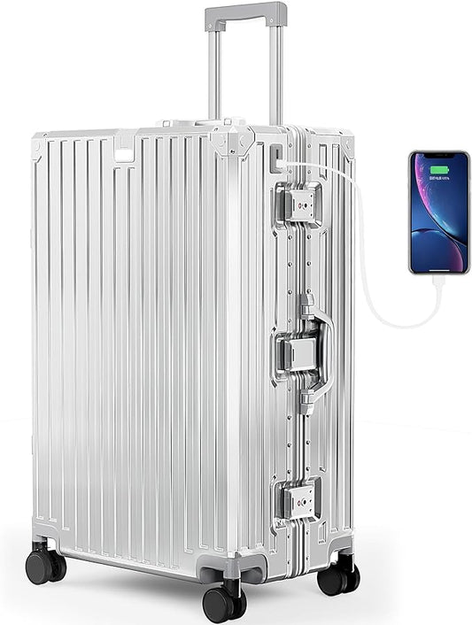 28-Inch Checked Large Luggage with Thickened Aluminum Frame, Durable PC Hardside Zipperless Suitcase with Spinner Wheels,TSA Lock,USB Charging Port,Light Gray