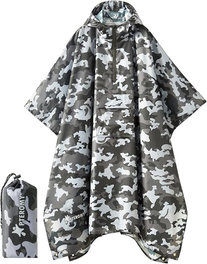 PTEROMY Hooded Rain Poncho for Adult with Pocket, Waterproof Lightweight Unisex Raincoat for Hiking Camping Emergency