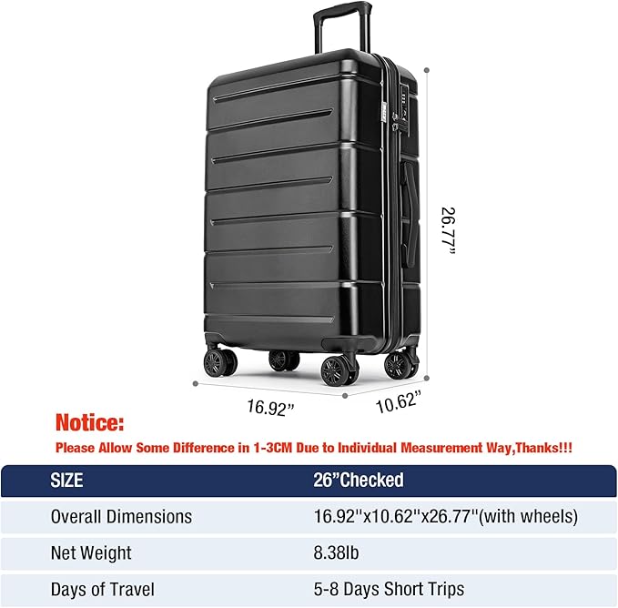 KYME 26 Inch Luggage TSA Approved Hardshell Suitcases with Spinner Wheels Durable Medium Travel Checked Luggage with Cup Holder for Women Men Black