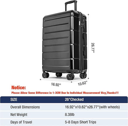 KYME 26 Inch Luggage TSA Approved Hardshell Suitcases with Spinner Wheels Durable Medium Travel Checked Luggage with Cup Holder for Women Men Black