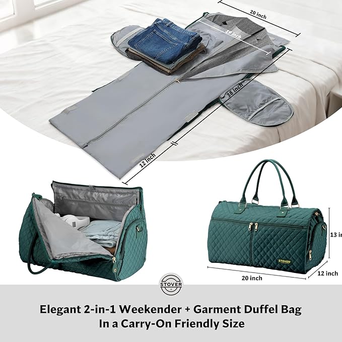 STOVER Women’s Convertible Garment Duffel Bag for Travel – 2-in-1 Carry-On Weekender/Overnight Tote - Wrinkle-Free Dresses, Suits & Clothes Plus Shoe Compartment & Bonus Toiletry Bag (Emerald Green)