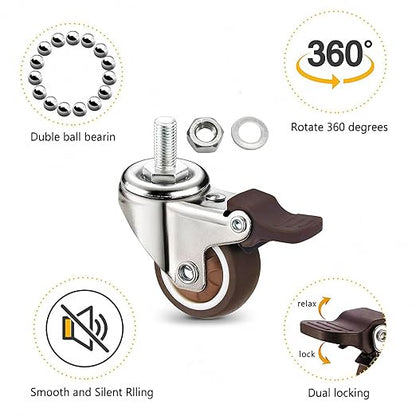 1.25" M6x15 Stem Casters Bolt Threaded Wheels,TPR Mute Rubber Swivel Single Caster Screws in Wheel Small with 2 Brake Locks-Brown