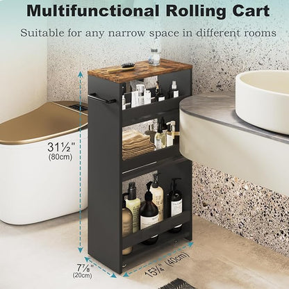 MARTY Rolling Storage Cart 7.9" W, 4-Tier Kitchen Cart with Wheels Handle, Slim Storage Cart Mobile Shelving Utility Carts for Bathroom Laundry Room Organization Narrow Places (Black)