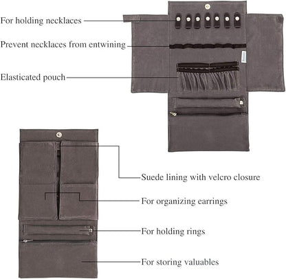 Becko US Jewelry Organizer Roll Travel Jewel Bag case for Multiple Necklaces, Rings, Bracelets, Supple Leather & Suede, Large Capacity Without Crease, Lightweight, Portable & Practical (Dark Blue)