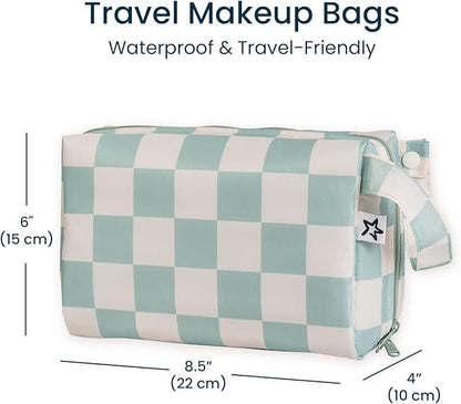 Tiny Twinkle Waterproof Travel Toiletry & Makeup Bag Organizer | Makeup Pouch with Multiple Compartments & Snap Handle for Travel | Gift for Teen Girls and Women（Sage Checkers