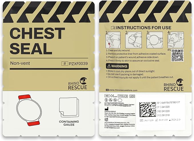 RHINO RESCUE Chest Seal Non-Vented, Sterile Emergency Trauma Dressing, Occlusive Adhesive Pad, IFAK Refill & Medical First Aid Supplies for Wound Care, Gunshot Wound, Sucking Chest (20 Count)