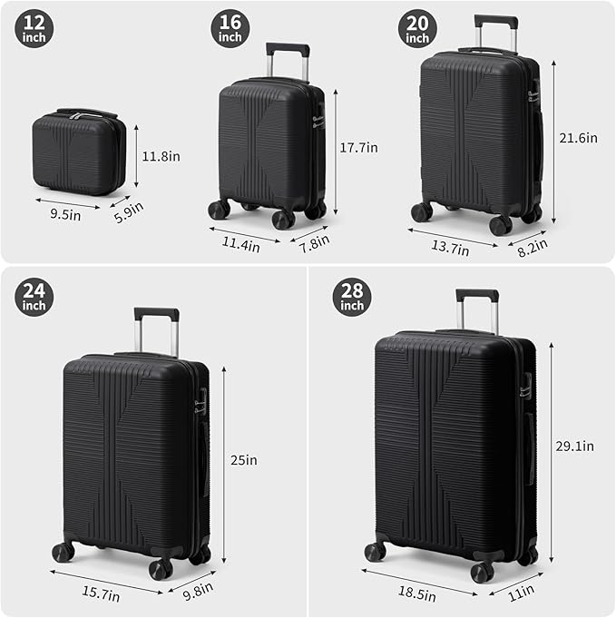 Karl home Luggage Sets 5 Piece, PP Hard Case Suitcase Set with Built-in Lock Spinner Wheels, Lightweight Durable Carry on Luggage for Business Travel - Black (12/16/20/24/28")