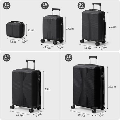 Karl home Luggage Sets 5 Piece, PP Hard Case Suitcase Set with Built-in Lock Spinner Wheels, Lightweight Durable Carry on Luggage for Business Travel - Black (12/16/20/24/28")