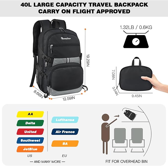 Seektop Lightweight Travel Backpack for Men Women, Multiple Pockets 40L Hiking Backpack Foldable Carry on Backpack for Outdoor Camping Sport Leisure (Black)