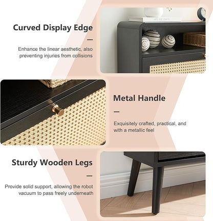 Rattan Shoe Cabinet with 2 Flip Drawers, 16 Pairs Narrow Shoe Storage Cabinet for Entryway Freestanding Hidden Shoe Rack, Modern Slim Wood Shoe Organizer for Hallway, Black