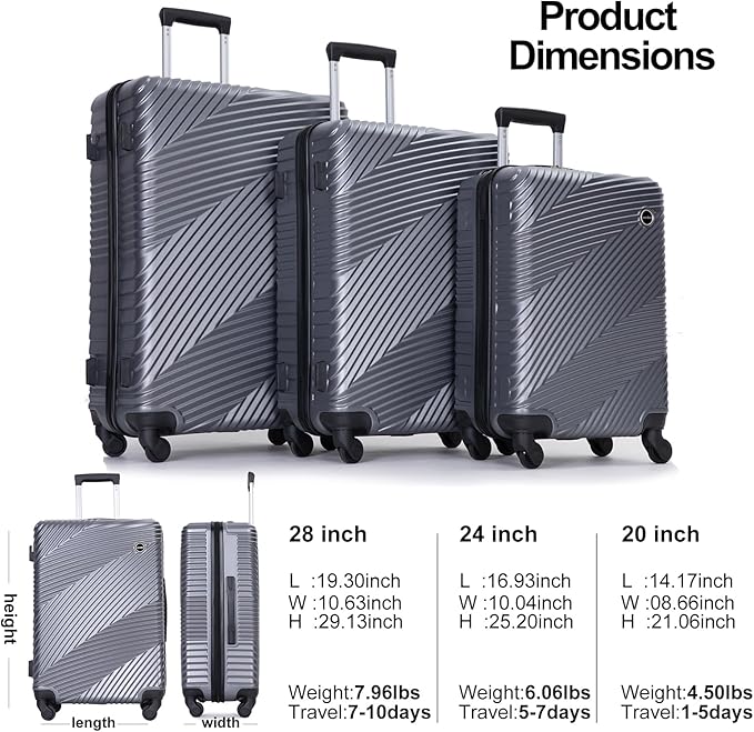 Luggage Sets Wear-Resistance Hardside Lightweight Suitcase Double Spinner Wheels, TSA Lock,Two Hooks, Scratch-resistant Carry-on,3 Piece Set(20inch 24inch 28inch) (Gray)
