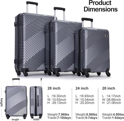 Luggage Sets Wear-Resistance Hardside Lightweight Suitcase Double Spinner Wheels, TSA Lock,Two Hooks, Scratch-resistant Carry-on,3 Piece Set(20inch 24inch 28inch) (Gray)