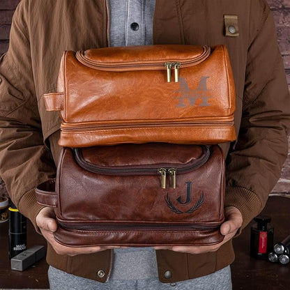 Custom Toiletries Travel Bag Leather Personalized Name Monogram Initial Toiletry Bag For Men Groomsmen Birthday Gifts For Dad Son Boyfriends Husband Size 11.4×4.9×6.5INCH