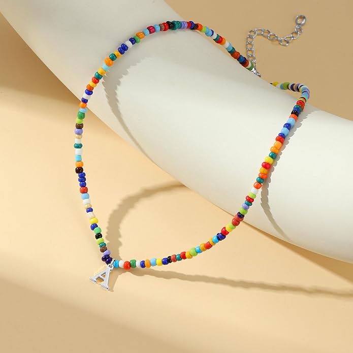 Yoosteel Christmas Gifts for Teen Girls Grandkids - Colorful Beaded Initial Necklace for Girls Jewelry A-Z Letter Choker Necklace Birthday Gifts Stocking Stuffers for Teenage Girl Women Gifts