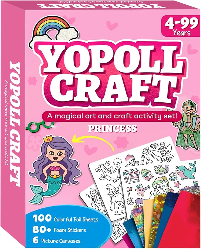 YoPoll Foil Art Craft Kits for Kids, Mess-Free DIY Creative Activity Set, Fun Arts and Crafts Toys for Boys & Girls, Peel & Press Foil Art Kit for Kids, Travel Toy and Birthday Gift (Princess)