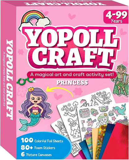 YoPoll Foil Art Craft Kits for Kids, Mess-Free DIY Creative Activity Set, Fun Arts and Crafts Toys for Boys & Girls, Peel & Press Foil Art Kit for Kids, Travel Toy and Birthday Gift (Princess)