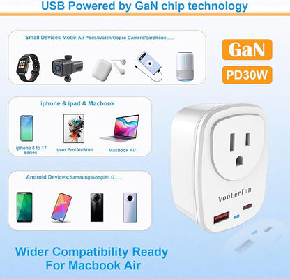 Type I Plug Adapter, VooLerTun Australia Travel Adapter with 30W Fast Charge Power Adapter Dual Ports compatiblecell Phone Camera, 1 American Outlet Adapter, US Converter for New Zealand Travel